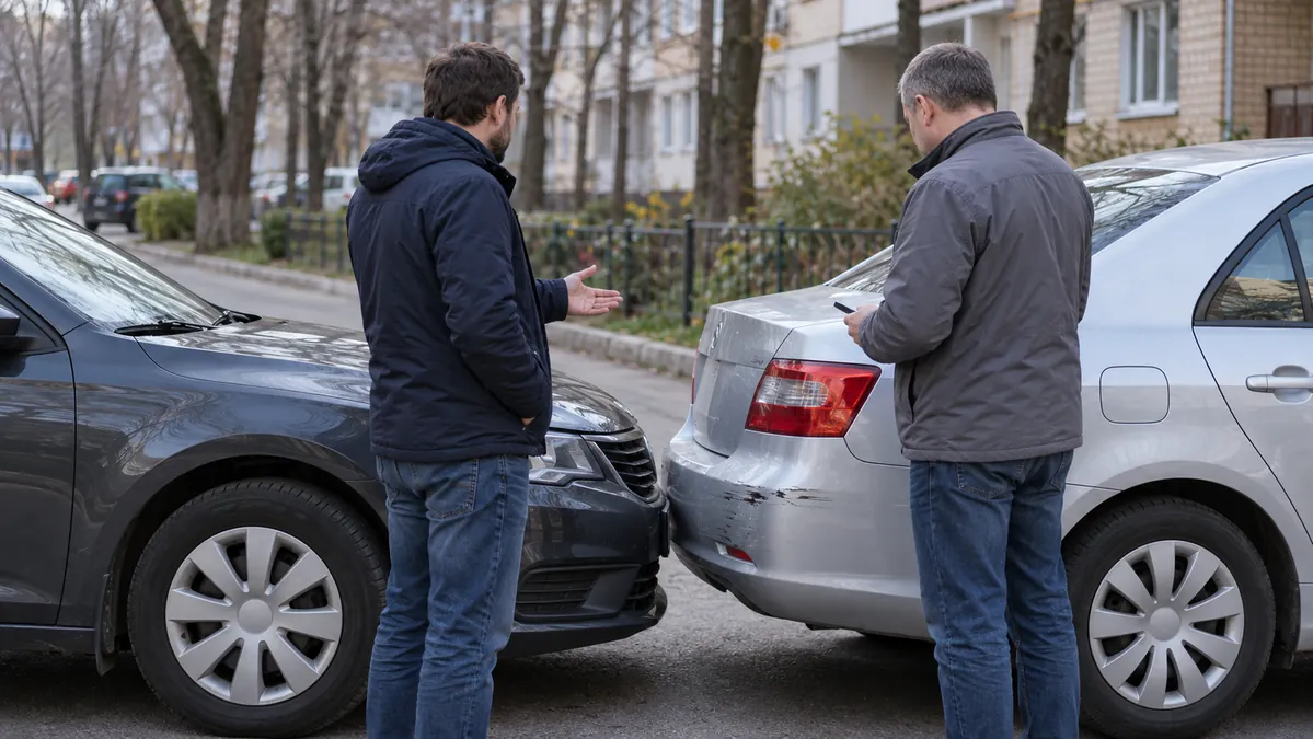 Два водителя спокойно обсуждают происшествие возле автомобилей