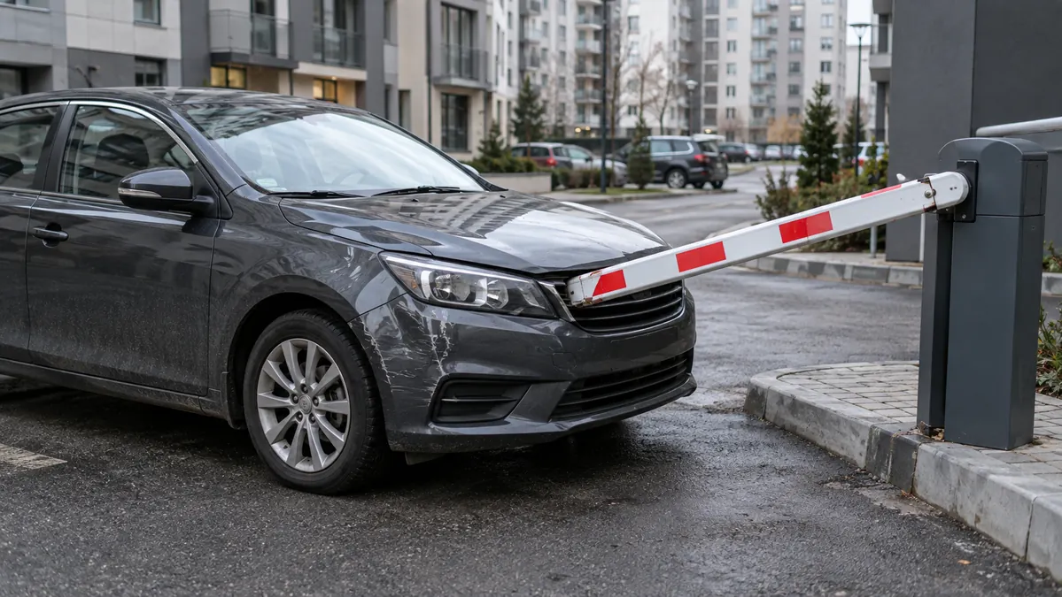 Автомобиль остановился у повреждённого шлагбаума на въезде во двор