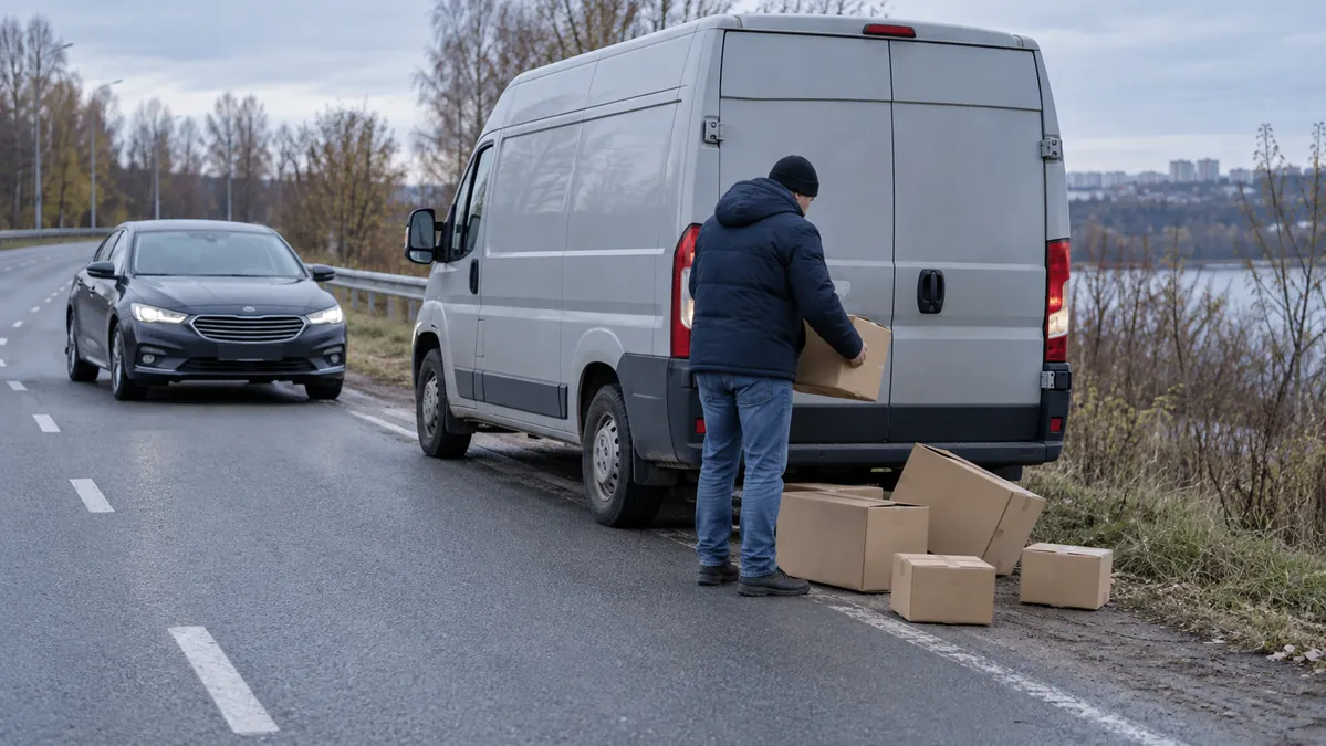 Коробки выпали за грузовым фургоном, рядом безопасно остановился автомобиль