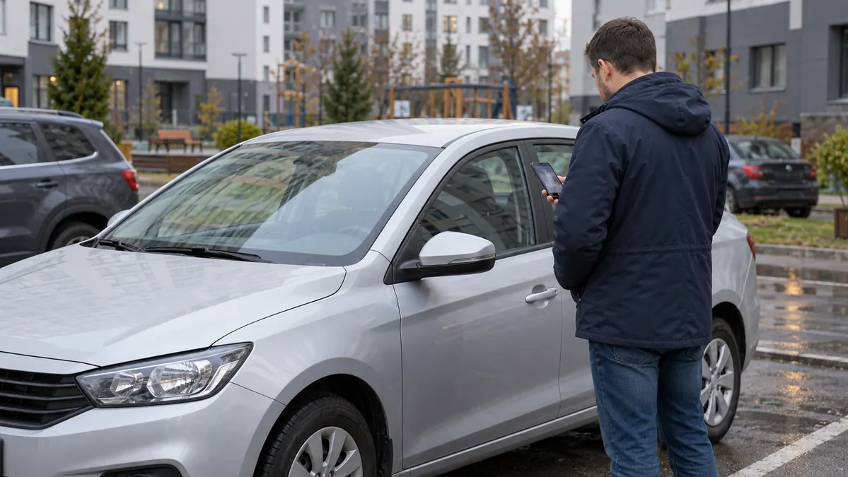 Водитель со смартфоном рядом с безбрендовым прокатным автомобилем
