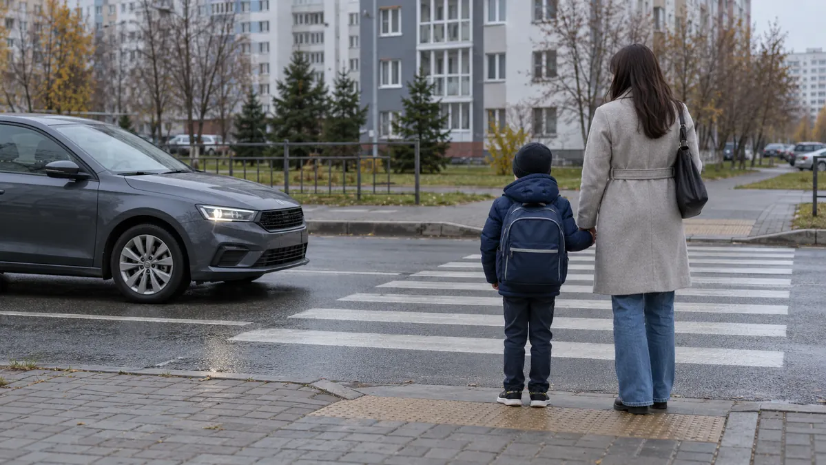 Родитель держит ребёнка за руку у безопасно остановившегося автомобиля на переходе