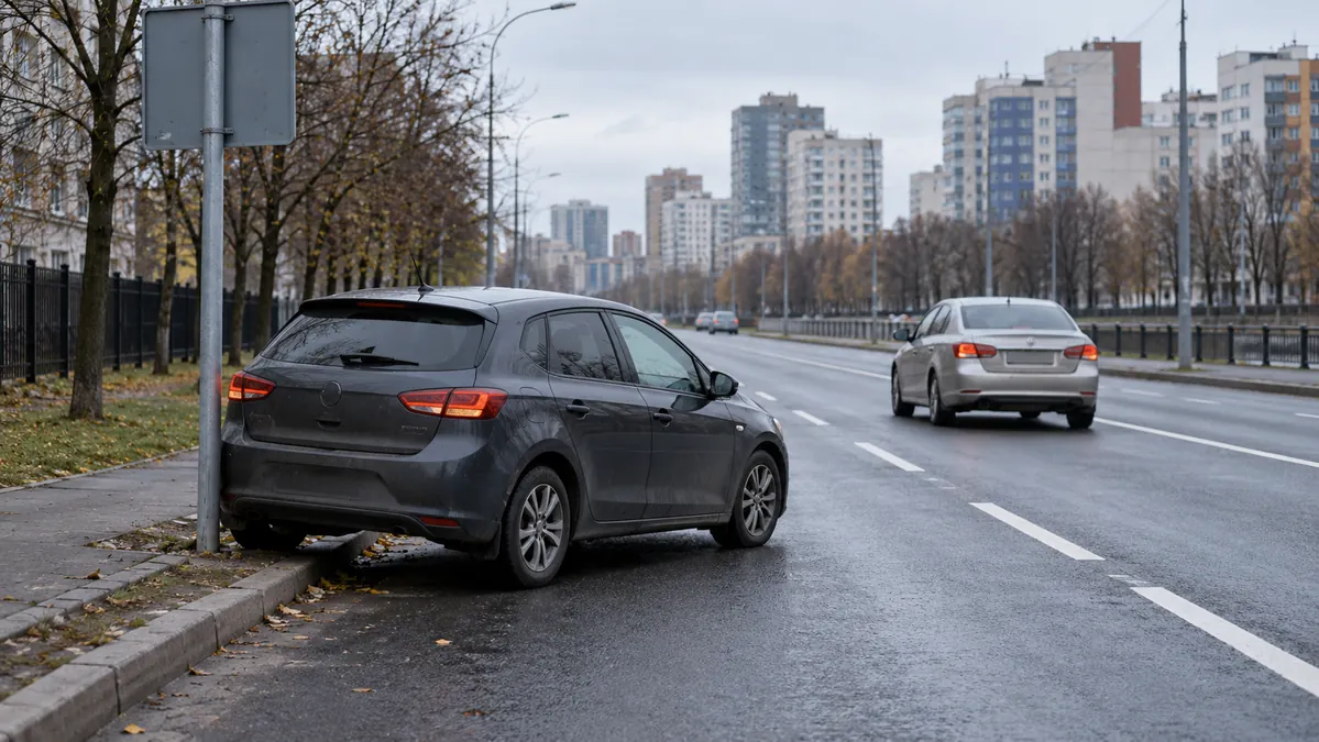 Автомобиль остановился у обочины, другая машина находится впереди в соседней полосе