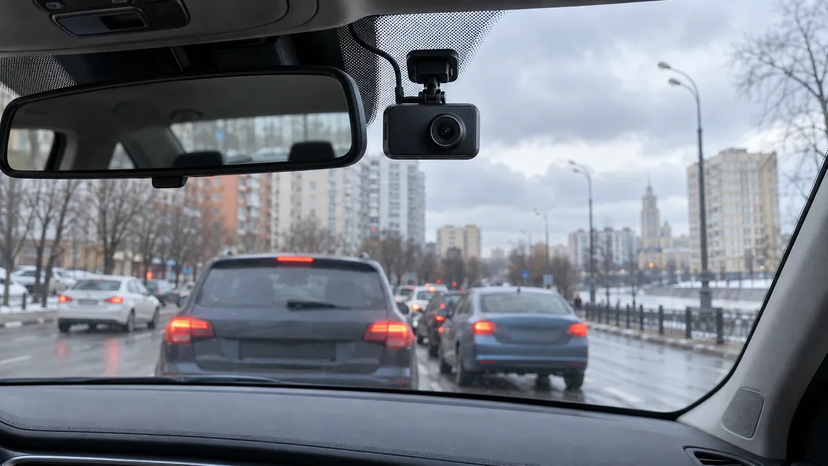 Автомобильный видеорегистратор на лобовом стекле, за ним видна дорога