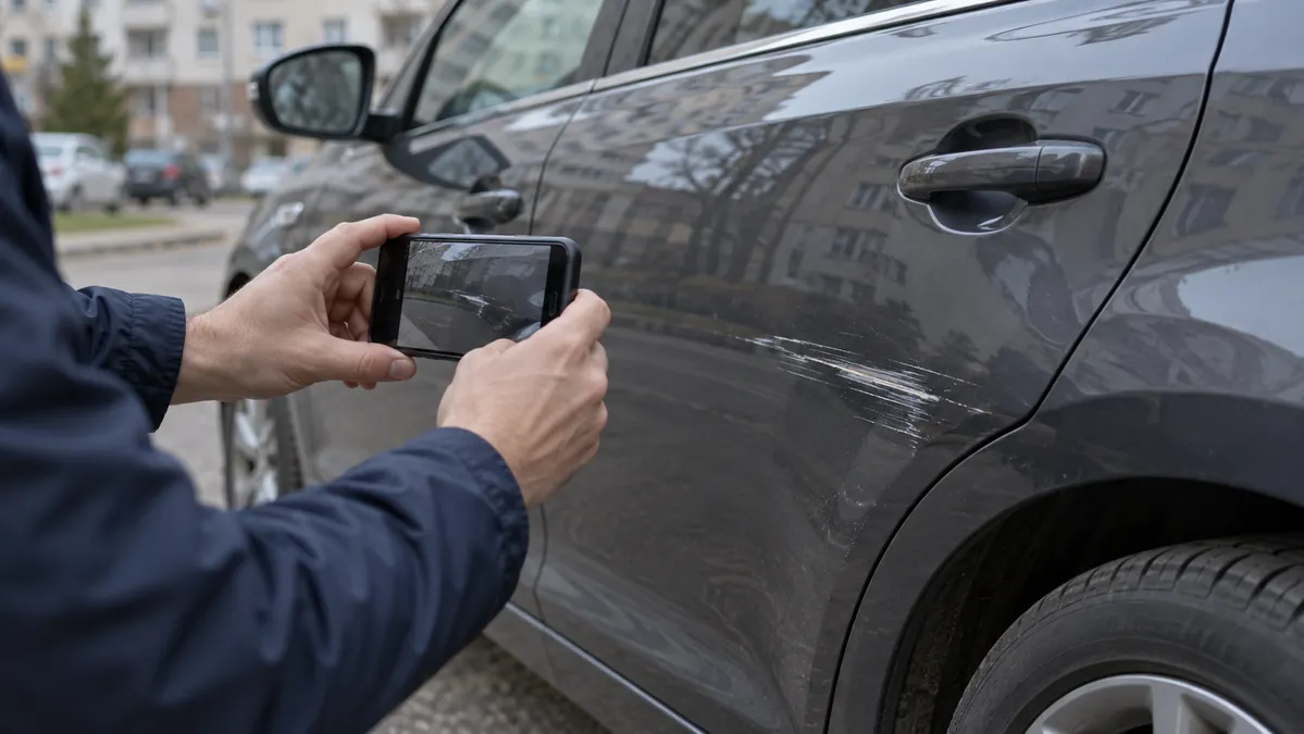 Водитель фотографирует царапину на кузове автомобиля для фиксации обстоятельств