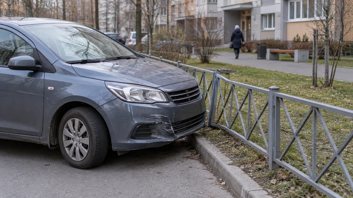 Автомобиль у повреждённого невысокого ограждения
