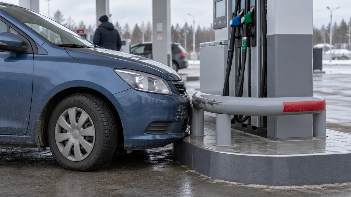 Автомобиль остановился у заправочной колонки после небольшого инцидента