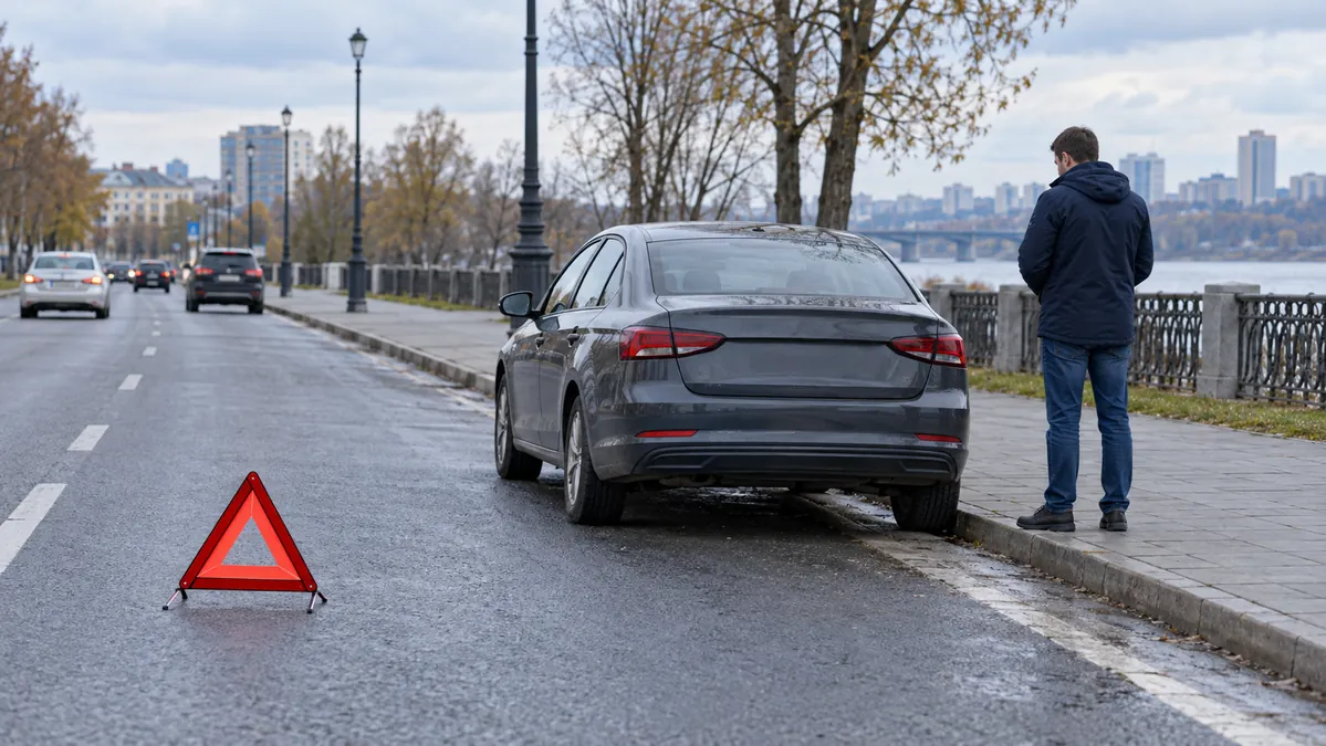 Водитель у безопасно остановившегося автомобиля, аварийный треугольник и свободная полоса