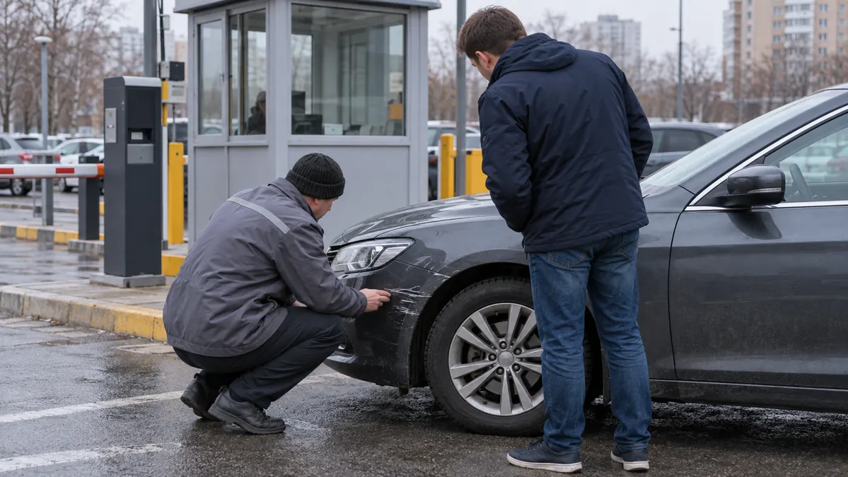 Водитель и работник платной стоянки осматривают небольшое повреждение автомобиля
