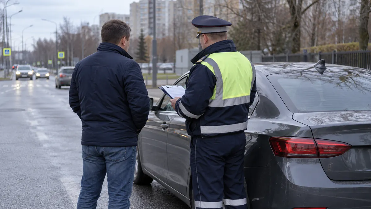 Водитель со спины беседует с сотрудником дорожной полиции у автомобиля