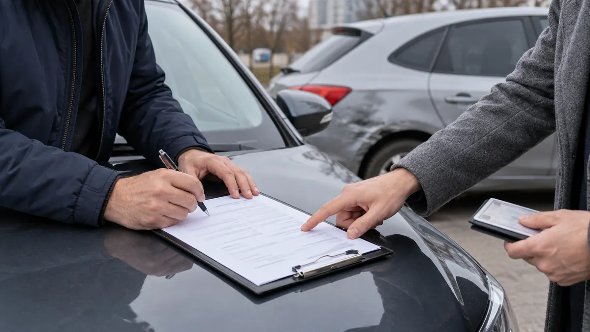 Руки двух взрослых над листом соглашения рядом с автомобилями