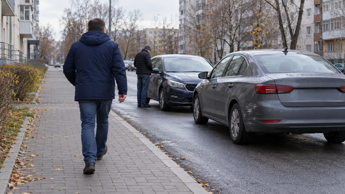 Водитель возвращается к двум стоящим автомобилям